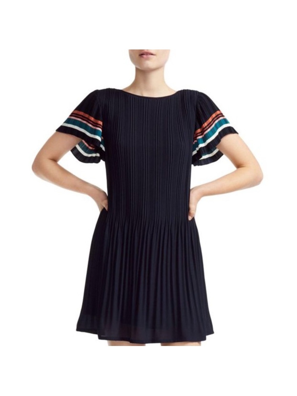 Maje Rolini Pleated Mini Dress Navy Multi Stripe Flutter Sleeve Size 1/Small